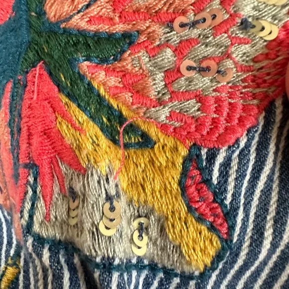 Zara Floral Embroidered Denim Striped Balloon Puff Sleeve Top SMALL - Picture 9 of 12